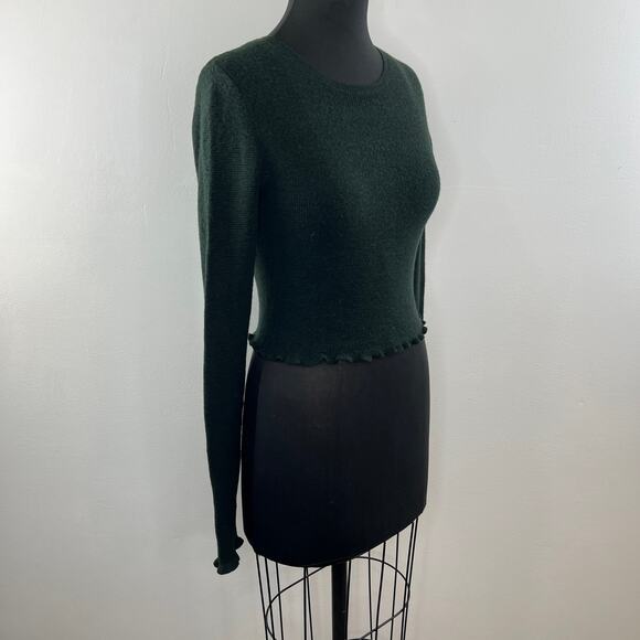 Something Navy Dark Green 100% Wool Lettuce Hem Crop Sweater Knit Top Crew L - Picture 2 of 7